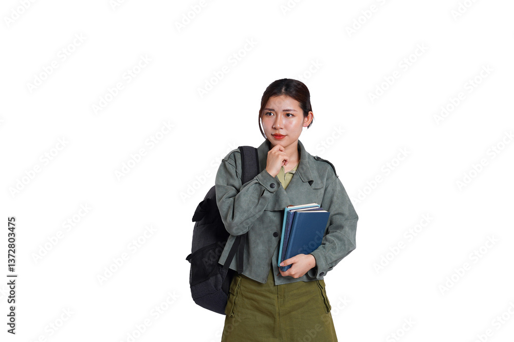 Portrait of asian student wearing backpack holding books posing on white background Portrait of asian student wearing backpack holding books posing on white background