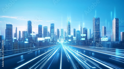 A futuristic cityscape with towering skyscrapers and sleek, chrome buildings against the blue sky