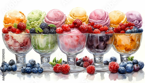 Assorted Colorful Ice Cream Scoops with Fresh Berries in Glass Bowls Watercolor Illustration Isolated on White Background for Dessert Menu and Summer Treat