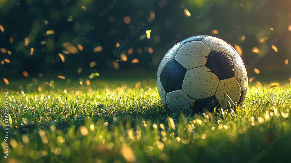 Fototapeta premium Photorealistic soccer ball on grass with bold contrast and depth