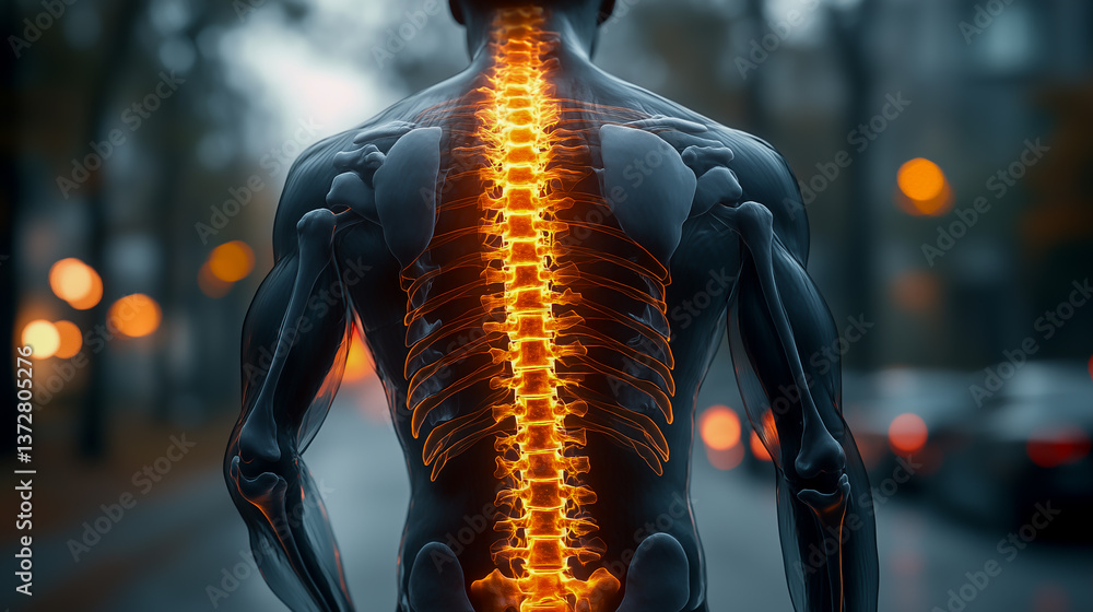 back of a person with pain in the spine. red and yellow areas of inflammation in the back