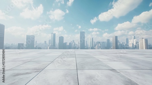 Wallpaper Mural Empty marble floor with a city skyline background Torontodigital.ca