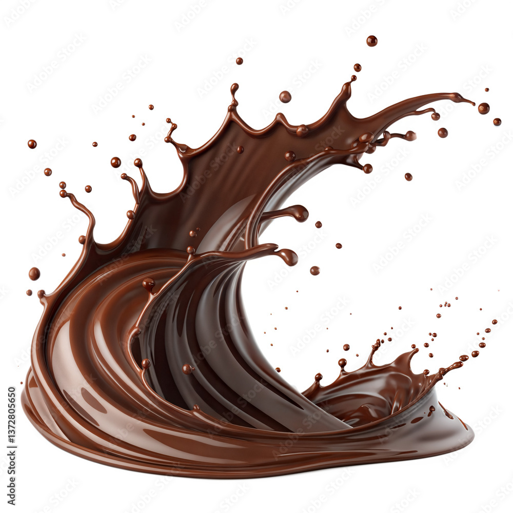 Splashing Chocolate Wave with Droplets on a Black Backdrop, Sweetness, Dessert Splashing Chocolate Wave with Droplets on a Black Backdrop, Sweetness, Dessert