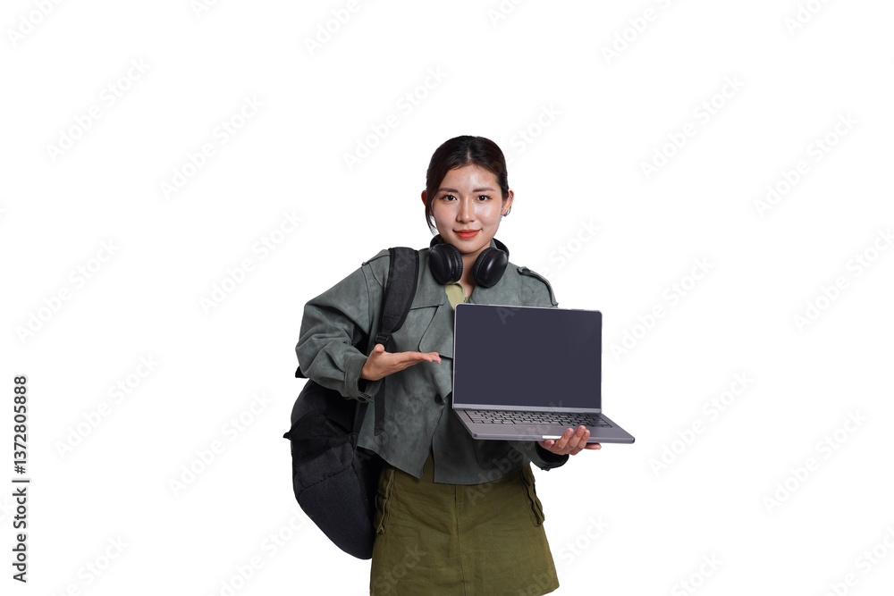 Portrait of Asian female student wearing backpack, headphones, fashionable clothes, holding laptop, posing dynamically on white background Portrait of Asian female student wearing backpack, headphones, fashionable clothes, holding laptop, posing dynamically on white background
