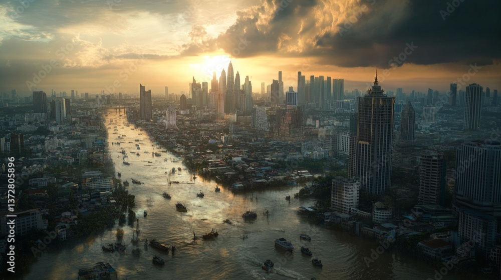Fototapeta premium Sunset over a city river urban landscape aerial view vibrant sky and water reflections for stunning imagery