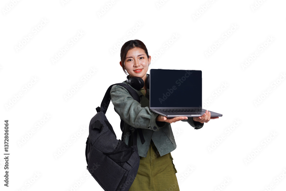 Portrait of Asian female student wearing backpack, headphones, fashionable clothes, holding laptop, posing dynamically on white background Portrait of Asian female student wearing backpack, headphones, fashionable clothes, holding laptop, posing dynamically on white background