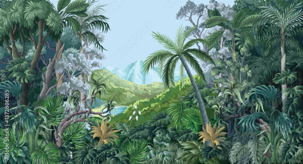 Fototapeta premium Mural with monochrome jungle forest. Palm trees, tropical leaves, nature landscape. Vector.