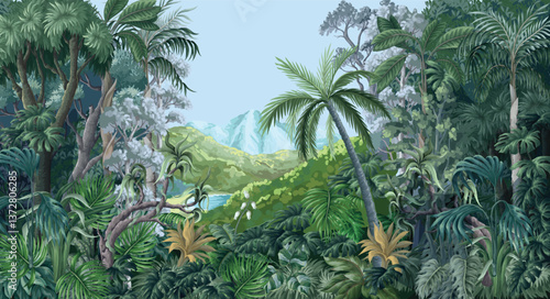 Mural with monochrome jungle forest. Palm trees, tropical leaves, nature landscape. Vector.