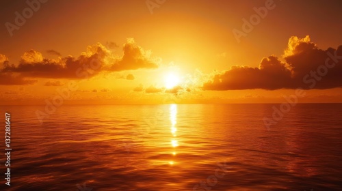 Fiery Sunset Over Calm Ocean: A breathtaking view of a vibrant sunset casting an orange glow over the tranquil ocean waters, creating a serene and peaceful atmosphere.