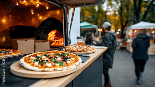 Food Truck concept, Delicious pizza served from a food truck at a vibrant outdoor market.