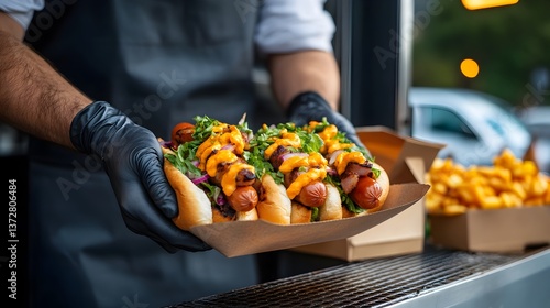 Food Truck concept, Food vendor presenting gourmet hot dogs with toppings in a takeaway container.