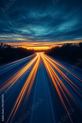 Sunset streaks across the highway as cars speed towards the horizon, a vibrant display of motion and color.