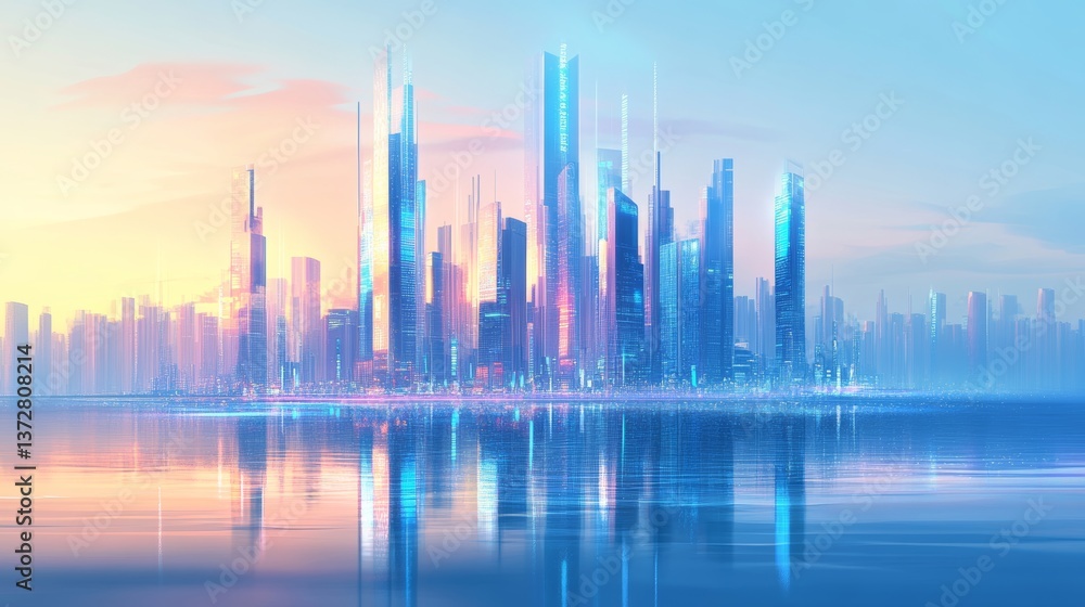 A futuristic cityscape with holographic skyscrapers and digital data streams, reflecting on the water surface, representing the advanced technology of AI in urban design A futuristic cityscape with holographic skyscrapers and digital data streams, reflecting on the water surface, representing the advanced technology of AI in urban design