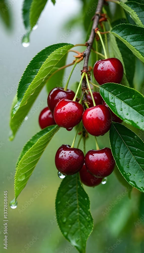 Fototapeta premium cherry fruits on a branch with leaves in the rain