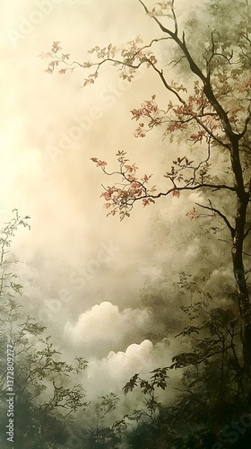 Branches with leaves and trees reach into a dreamy clouded sky on a faded beige  green background