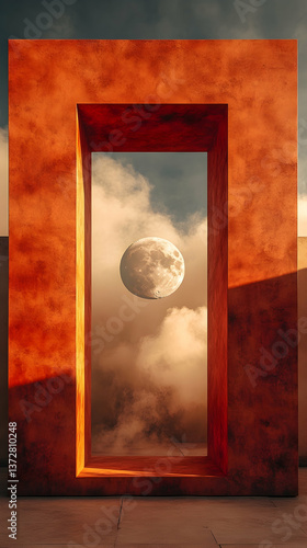 A full moon shines in the misty sky framed by an orange rectangular structure on a stone floor casting long shadows
