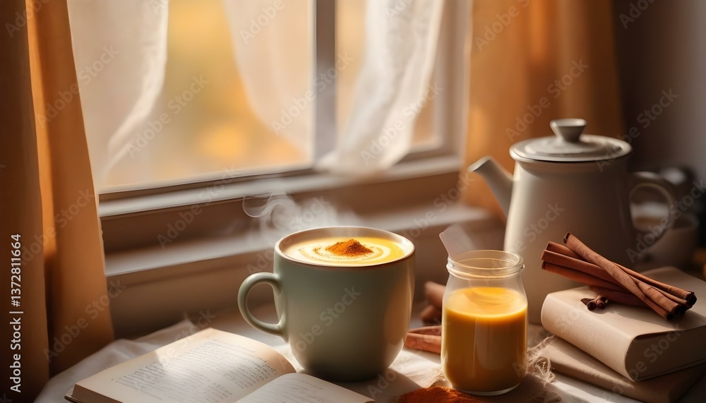Cozy window scene with steaming turmeric lattes, open books & cinnamon sticks bathed in soft light. Perfect autumn relaxation with warm beverages, comfort & peaceful reading vibes Cozy window scene with steaming turmeric lattes, open books & cinnamon sticks bathed in soft light. Perfect autumn relaxation with warm beverages, comfort & peaceful reading vibes