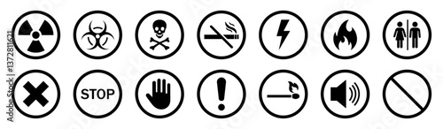 Warning and danger signs collection. Set of hazard warning signs symbols. Toxic biohazard waste forbid pictograph set isolated. Silhouette and outline style. Vector illustration.