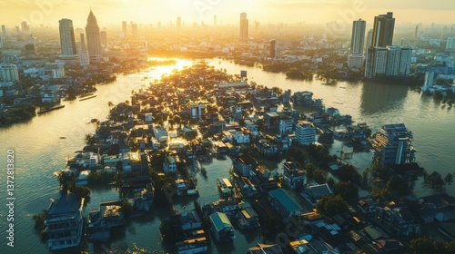 Sunset overlooking flooded urban landscape bangkok aerial view serene environment nature's impact on city life