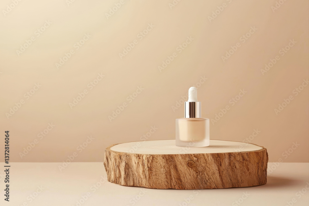 Elegant serum bottle displayed on a wooden surface against a soft beige background. Elegant serum bottle displayed on a wooden surface against a soft beige background.
