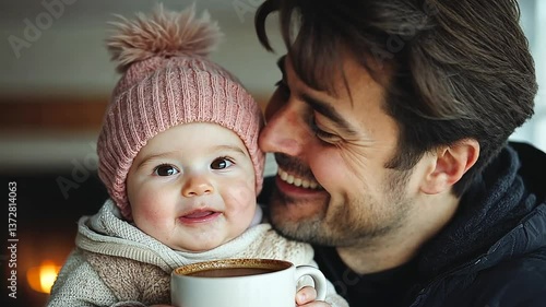Cozy Winter Day: Father and Daughter Sharing a Warm Drink