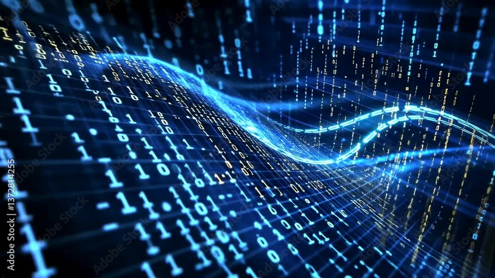 Abstract representation of flowing digital data streams against a dark background, illustrating technology and innovation Abstract representation of flowing digital data streams against a dark background, illustrating technology and innovation