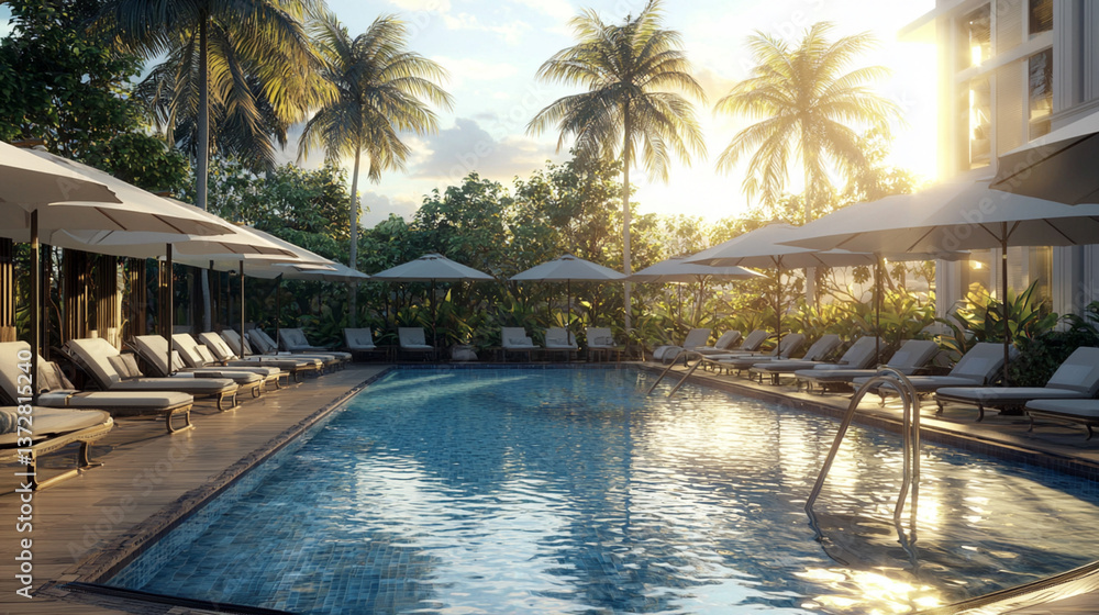 Obraz premium luxurious umbrella and chair arrangement around sparkling outdoor swimming pool of resort, with majestic coconut palm trees standing early morning