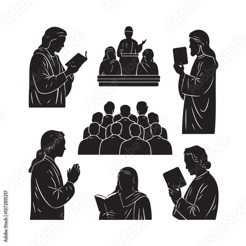   Biblical Silhouette Collection Featuring Jesus, Crucifixion, Last Supper, Nativity, and Disciples in Black Vector Illustrations for Religious and Christian Themes