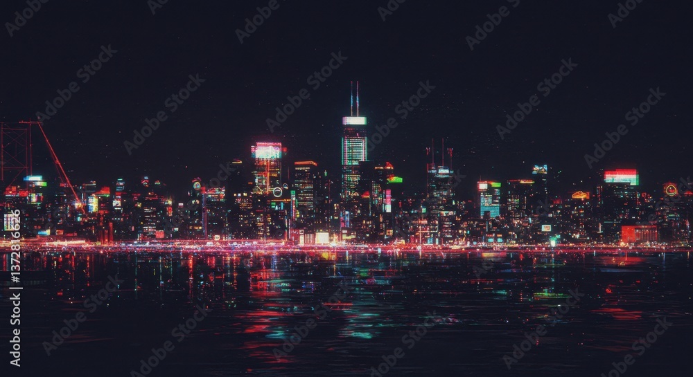 Fototapeta premium Neon cityscapes Neon cityscapes dissolving into analog TV static and chromatic distortion.