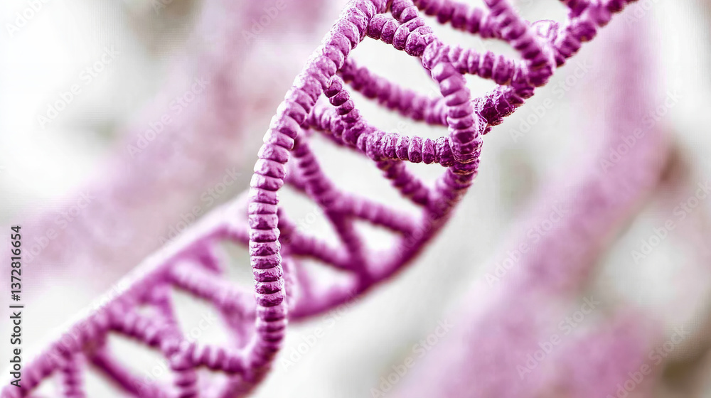Obraz premium Intricate structure of DNA helix captured in vibrant purple color showcasing genetic material in detail