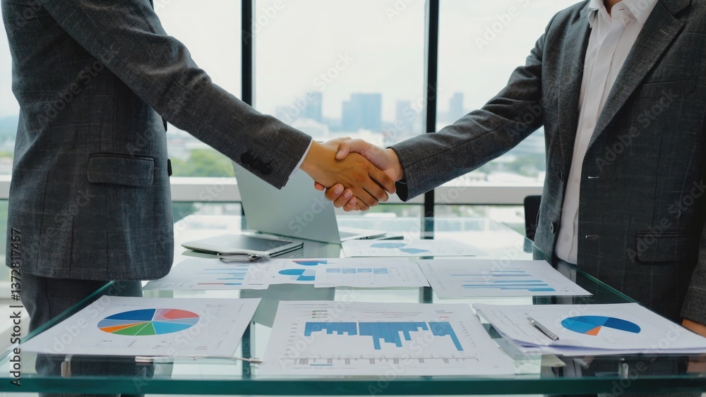 Two businessmen shaking hands over a table with papers discussing a deal or agreement