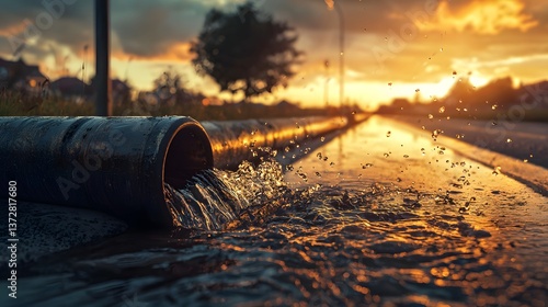 Urban Drainage Symphony: A captivating shot unveils water gushing from a drainpipe onto the street, reflecting the warm hues of the setting sun in a dramatic urban scene.