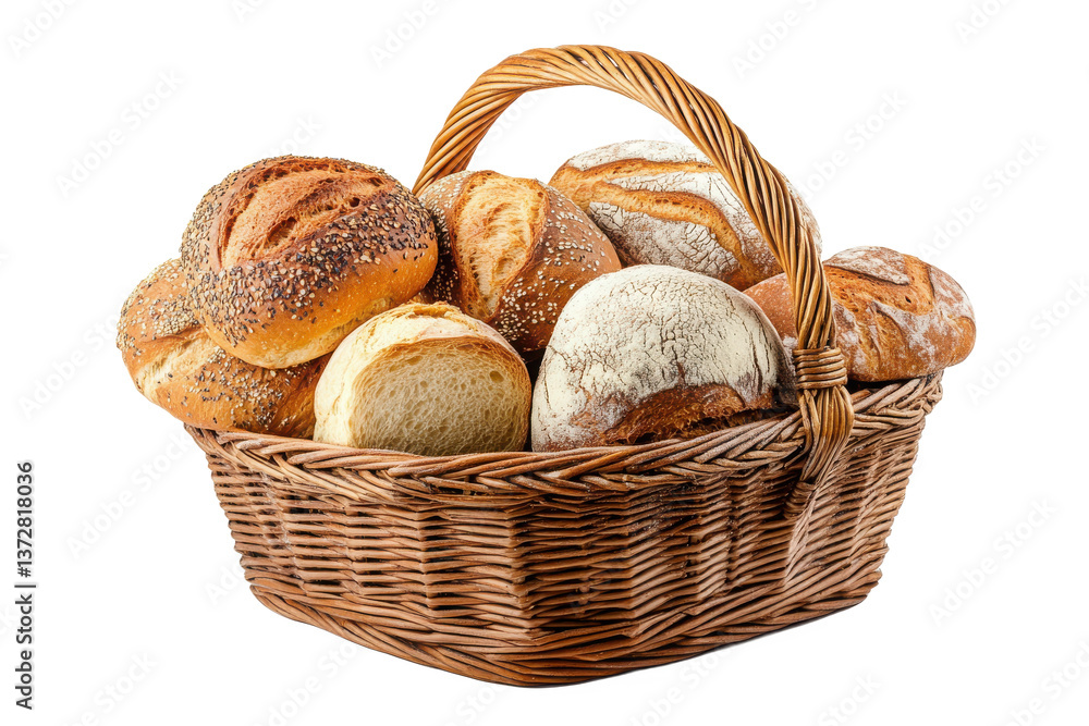 A wicker basket overflowing with an assortment of freshly baked loaves of artisan bread rolls inside A wicker basket overflowing with an assortment of freshly baked loaves of artisan bread rolls inside