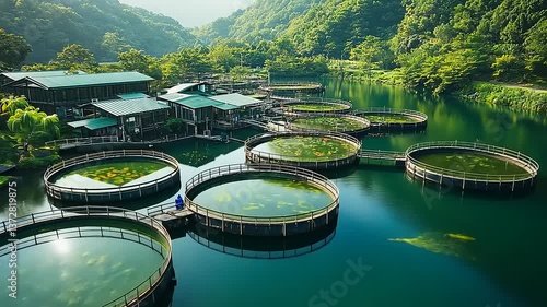 Serene Aquaculture Facility Surrounded by Lush Greenery and Tranquil Waters