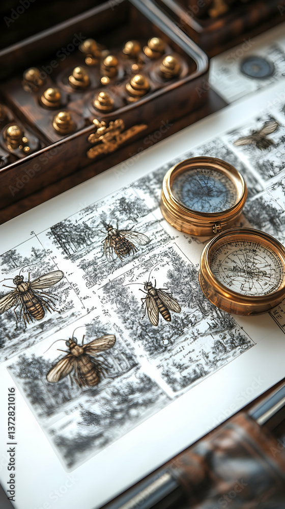 Close-up shows antique compasses resting on a document with insect illustrations next to a wooden box full of shiny gold Close-up shows antique compasses resting on a document with insect illustrations next to a wooden box full of shiny gold