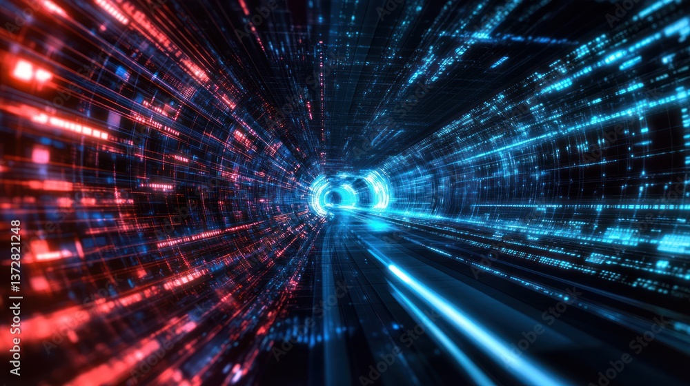 A futuristic tunnel showcasing data streams and digital information pathways A futuristic tunnel showcasing data streams and digital information pathways