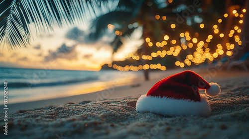 Fototapeta Naklejka Na Ścianę i Meble -  Santa hat on beach with palm tree and christmas lights at sunset creating a festive scene.