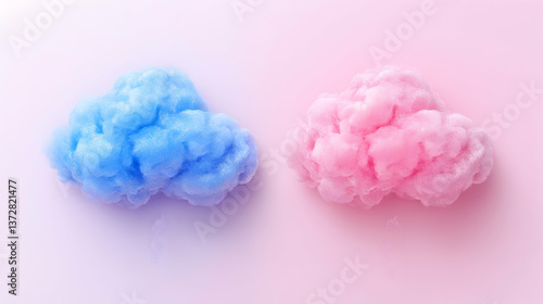 Dreamy scene with puffy clouds One blue and one pink fluffy texture and pastel colors on a bright background create a
