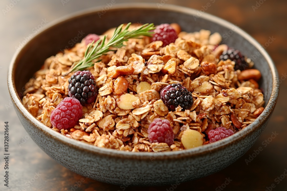 A Full Bowl Of Granola With Fruits And Herbs A Full Bowl Of Granola With Fruits And Herbs
