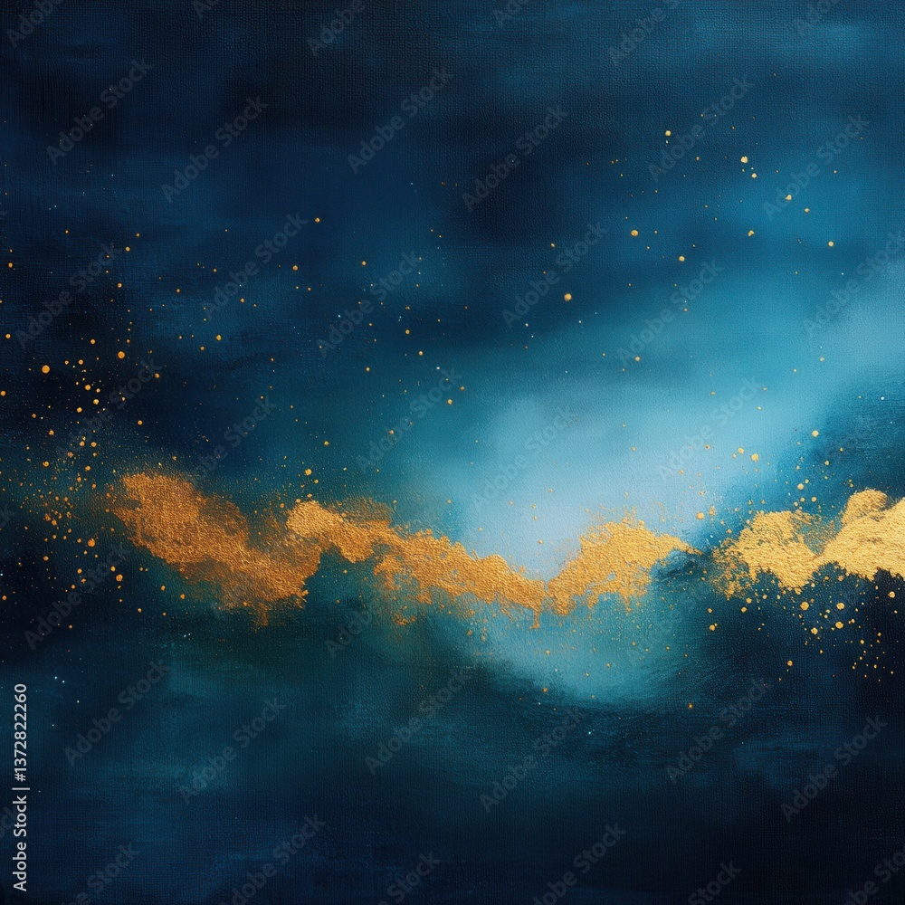 Fototapeta premium Abstract celestial painting with shimmering gold accents on a deep teal canvas evoking cosmic wonder
