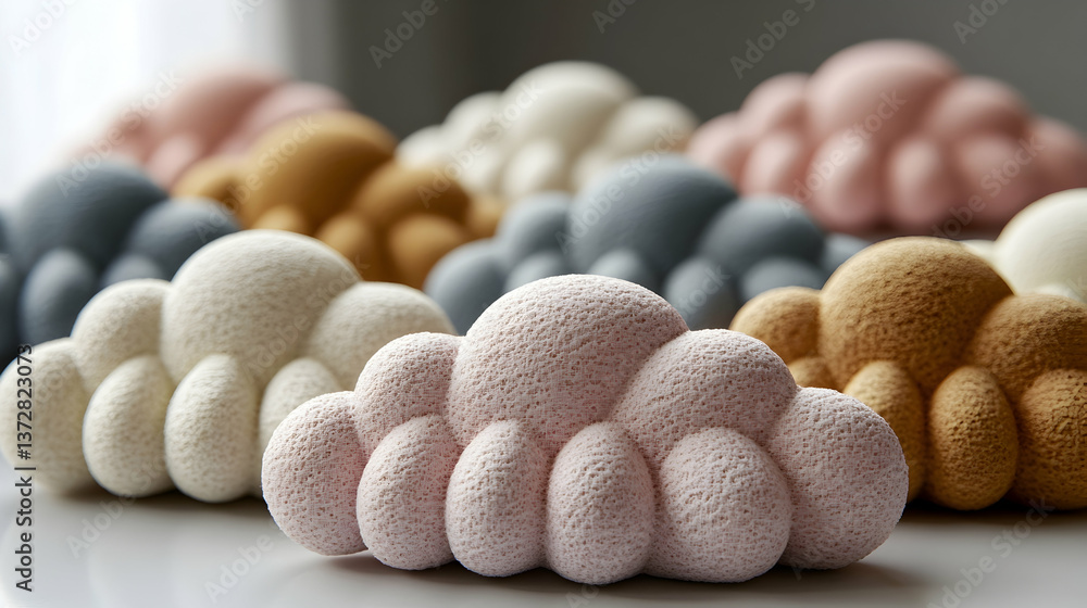Clouds crafted from various soft hued materials are arranged on a smooth surface with a focus on the foreground cloud Clouds crafted from various soft hued materials are arranged on a smooth surface with a focus on the foreground cloud