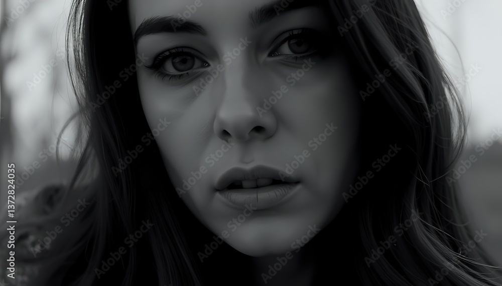 A realistic black and white photo portrait of a woman who is not in her first youth, but still remains beautiful, attractive and captivating, but with a touch of sadness and melancholy A realistic black and white photo portrait of a woman who is not in her first youth, but still remains beautiful, attractive and captivating, but with a touch of sadness and melancholy