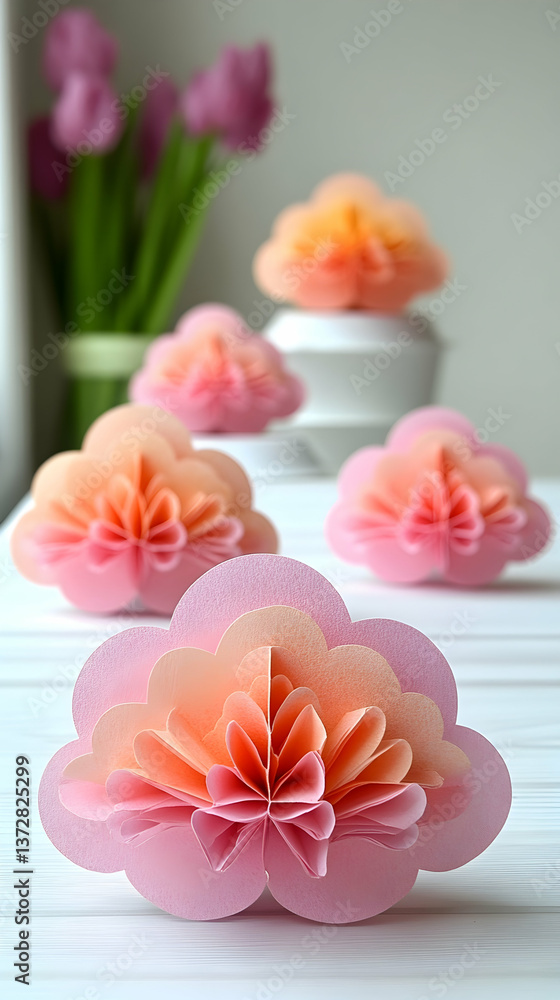 Elegant paper flower arrangements on a bright surface with blurred tulips in the background creates soft dreamy ambianc Elegant paper flower arrangements on a bright surface with blurred tulips in the background creates soft dreamy ambianc