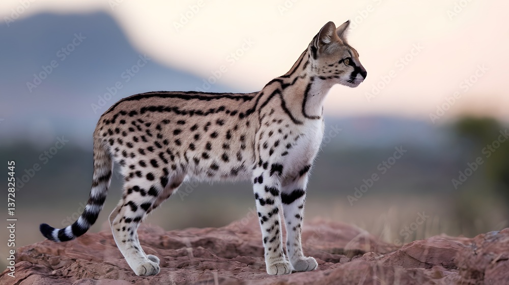 Fototapeta premium Serval standing outdoors on a rock