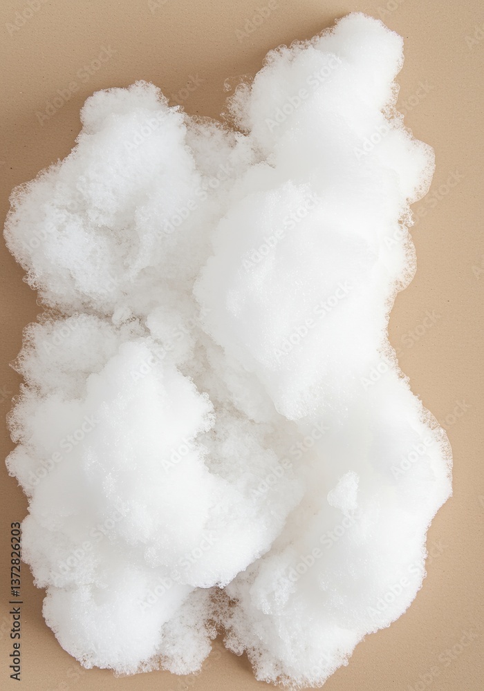 Fluffy white foam in droplet shape on light brown background with soft texture Fluffy white foam in droplet shape on light brown background with soft texture