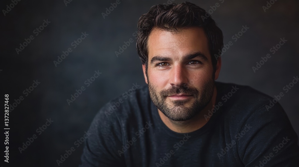 Smiling man with short dark hair and a beard looking directly at the viewer against a dark gray background. Smiling man with short dark hair and a beard looking directly at the viewer against a dark gray background.