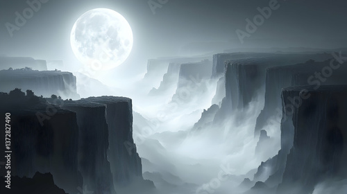 Enigmatic cliffs veiled in mist under a radiant full moon creating a serene and mysterious atmosphere