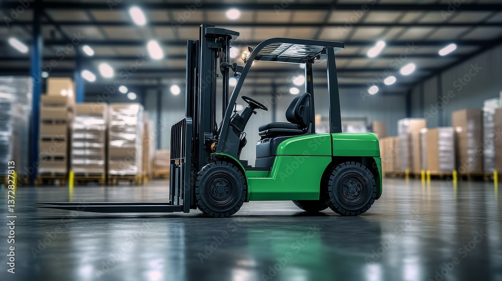 Efficient Green Forklift in Warehouse Setting with Stacked Cardboard Boxes, Industrial Logistics Concept, Symmetrical Composition Efficient Green Forklift in Warehouse Setting with Stacked Cardboard Boxes, Industrial Logistics Concept, Symmetrical Composition