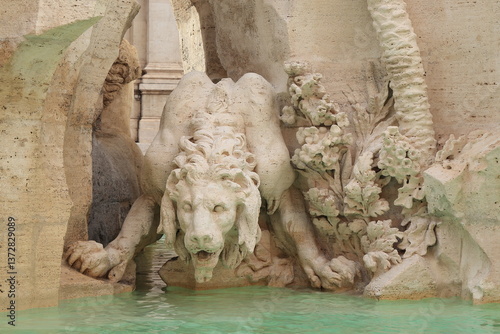 Photography Fountain of the Four Rivers Detail with Sculpted Lion in Rome, Italy