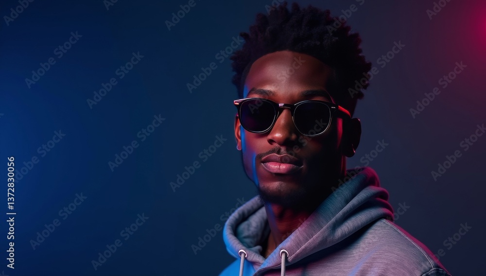 Obraz premium Close-up portrait of handsome black man, wearing hoodie and sunglasses